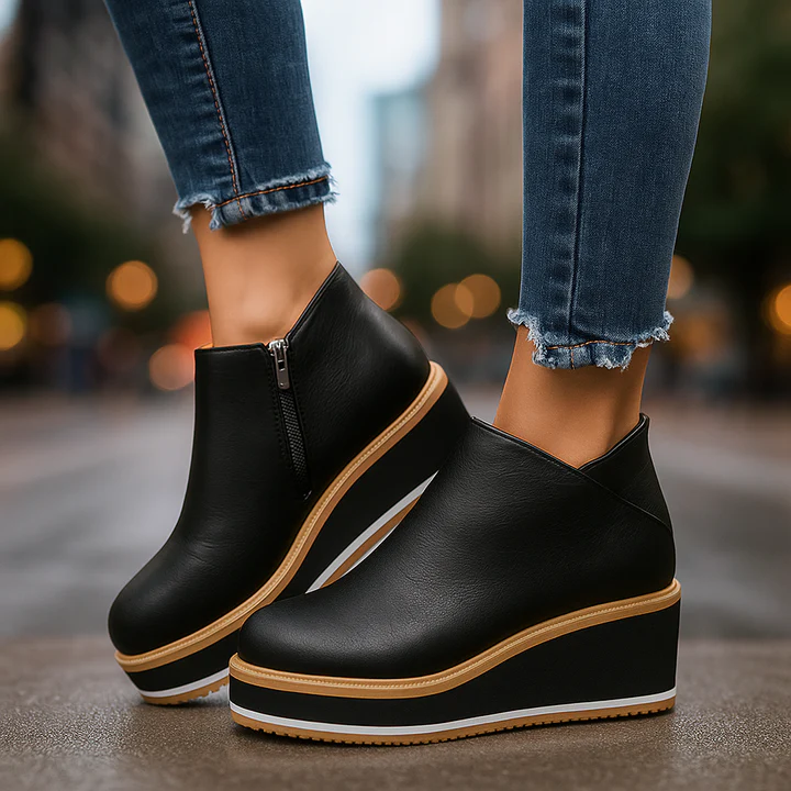 Women's beige soft leather platform boots with elevated sole and sleek minimalist silhouette