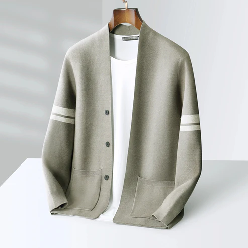 Men's knit cardigan soft breathable fabric ribbed trim subtle sleeve stripes relaxed tailored fit