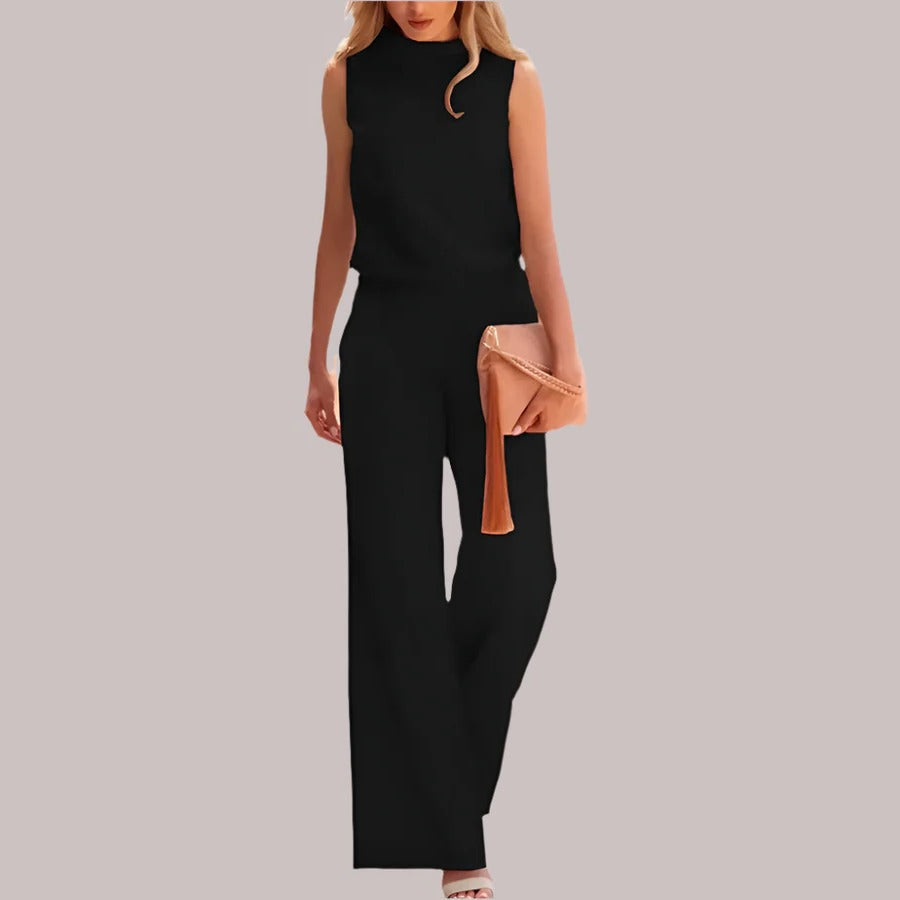 Women's sleeveless wide-leg jumpsuit with belted waist in versatile tailored silhouette