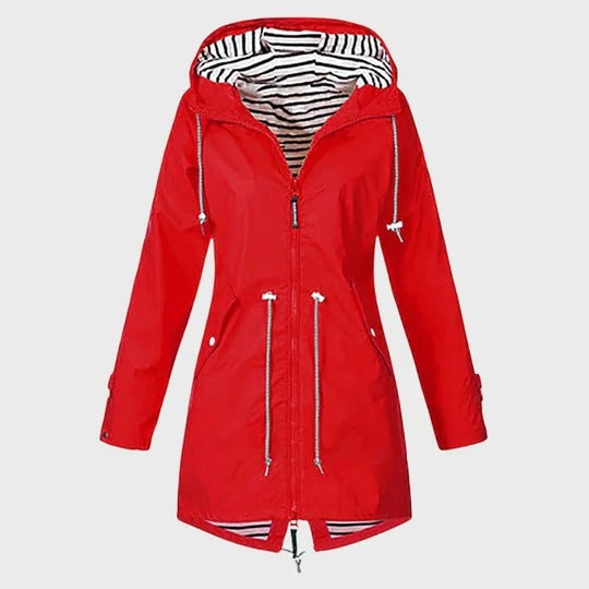 Women's long waterproof hooded rain jacket with extended coverage for all-weather protection