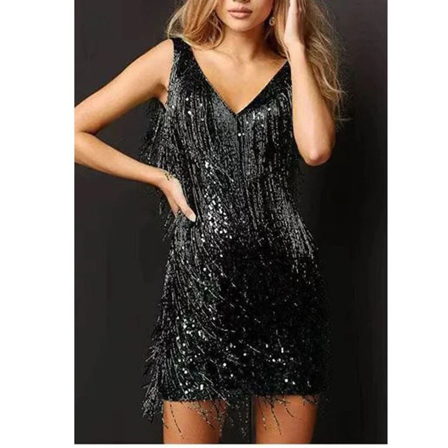 Black sleeveless cocktail dress with straight neckline and kinetic fringe hem for evening events