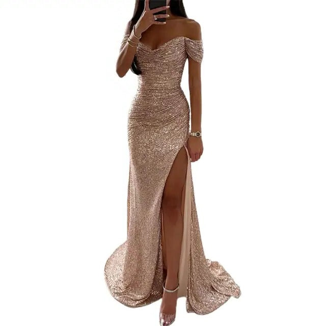 Black sequin off-shoulder maxi dress, slim tailored silhouette with elegant side slit