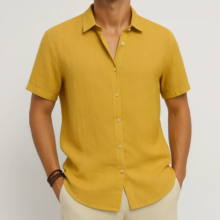 Men's light blue linen relaxed-fit button-down shirt with short sleeves for casual everyday wear