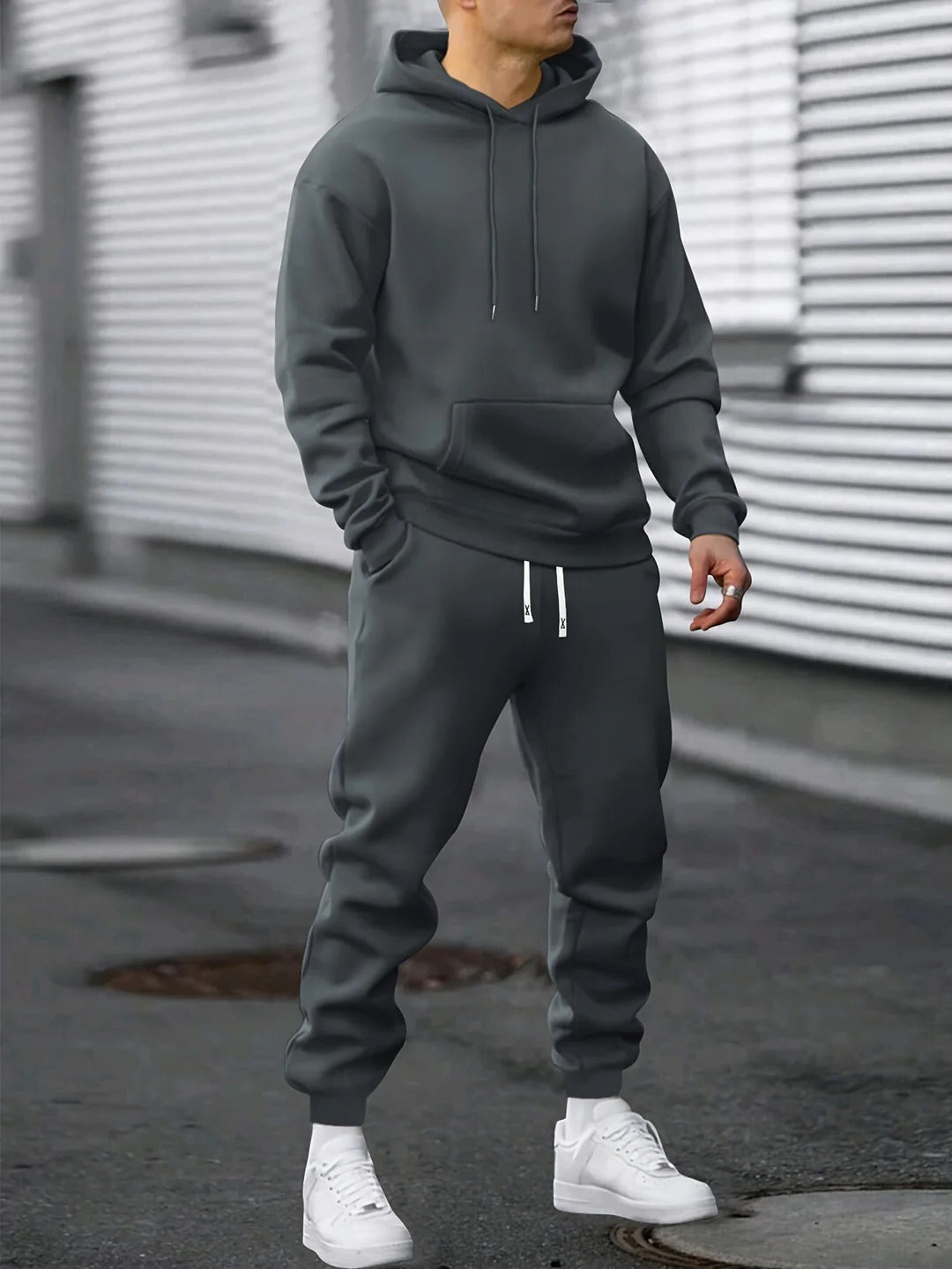 Men's fleece tracksuit set hoodie and jogger matching two-piece solid color athletic lounge wear