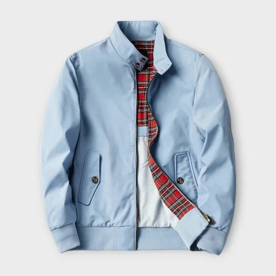 Men's lightweight plaid-lined transitional jacket with front zipper, versatile everyday outerwear