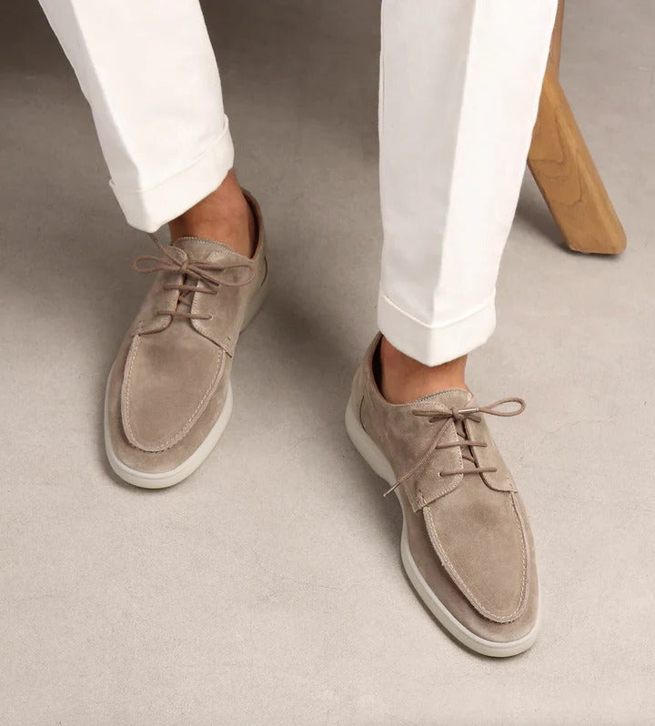 Navy suede slip-on loafers structured sole minimalist design versatile formal everyday men footwear