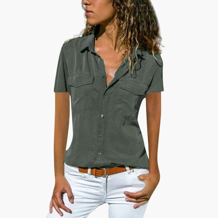 Charcoal grey short-sleeve button-down blouse with shirt collar and twin chest pockets