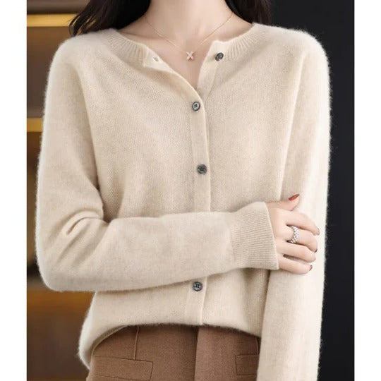 Women's fuzzy cardigan in cozy knit with V-neck button placket, long sleeves for everyday layering
