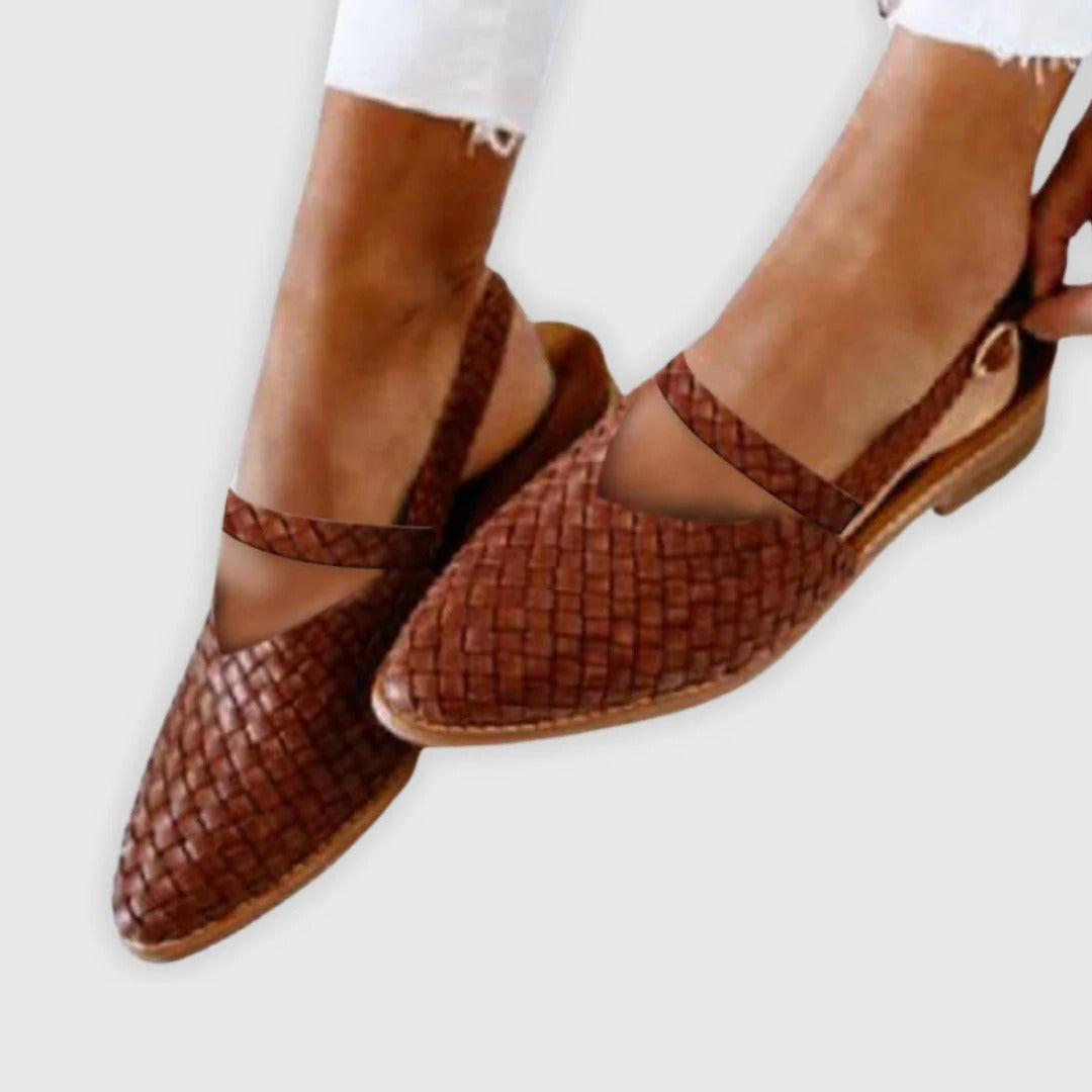 Women's woven open-toe sandals in neutral tan, interlaced upper with breathable cutout design
