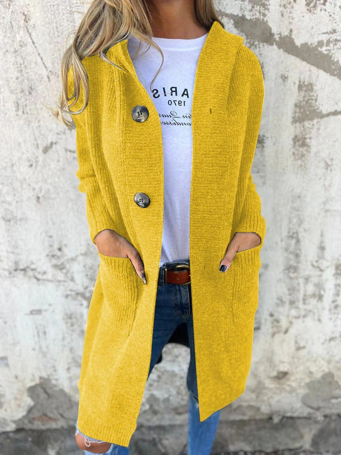 Long everyday knit cardigan with straight silhouette and extended length for full-torso coverage