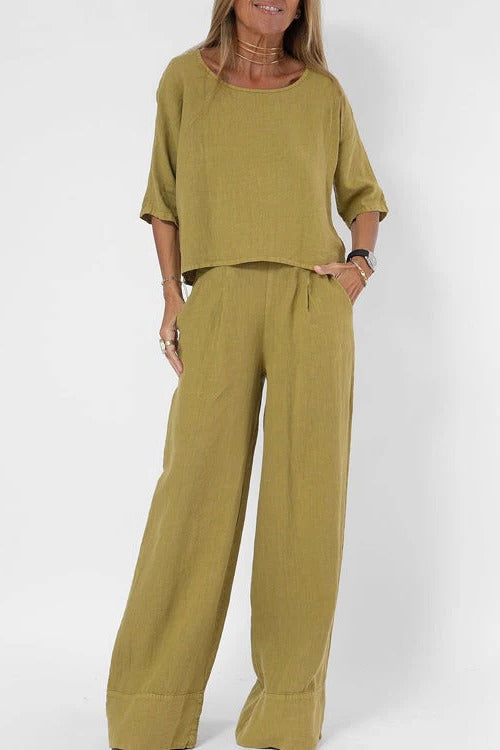 Ivory relaxed cropped top and wide high-waisted trousers two-piece set with airy breathable fit