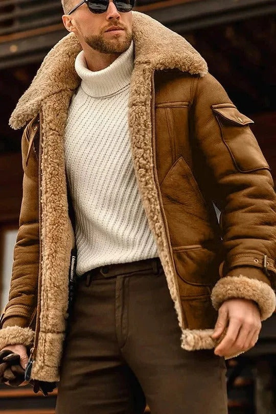 Men's camel faux shearling insulated jacket regular fit zip closure cold weather everyday warmth