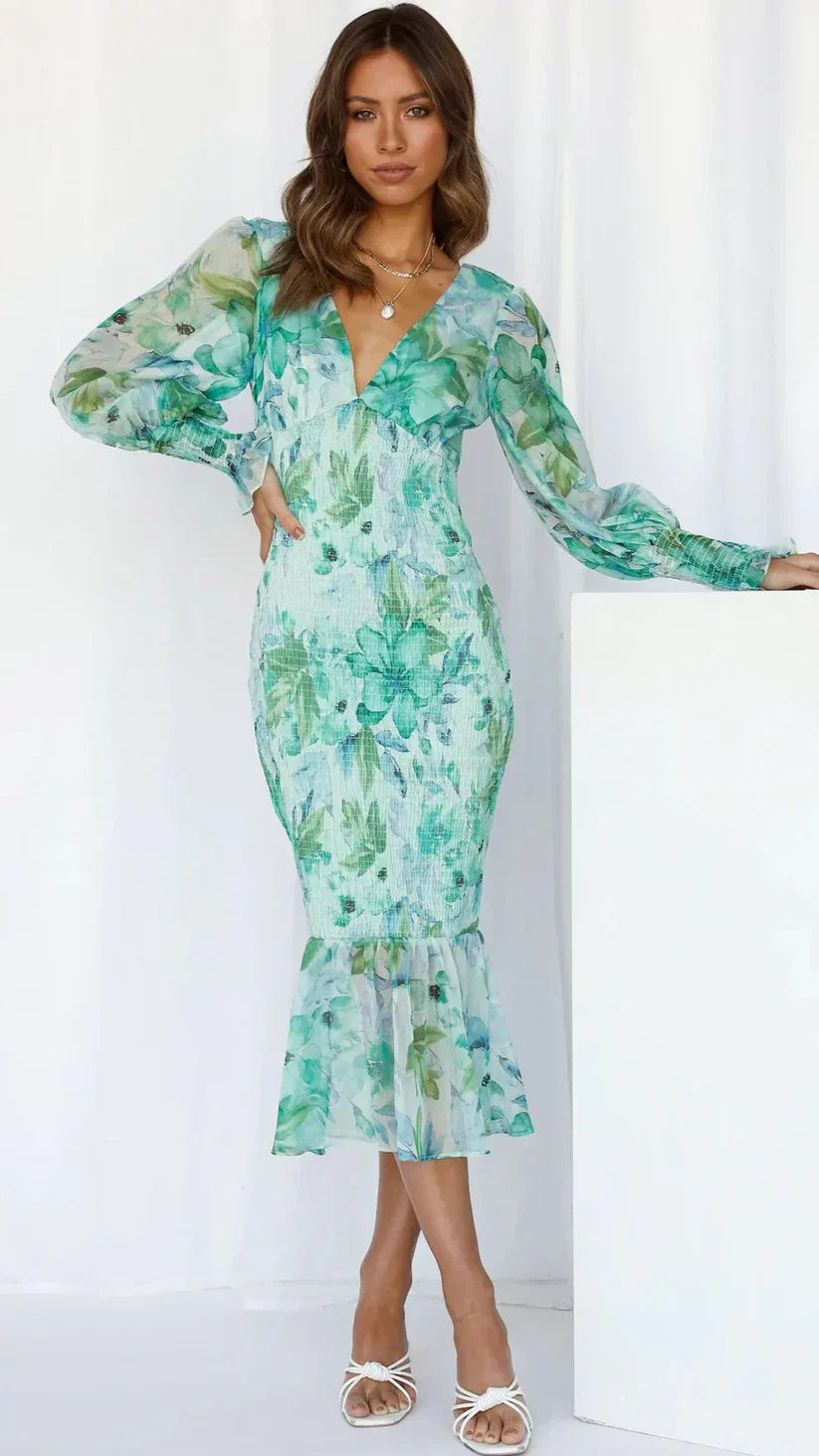 Women's floral midi dress vibrant blooms flowing silhouette perfect for wedding guest occasions