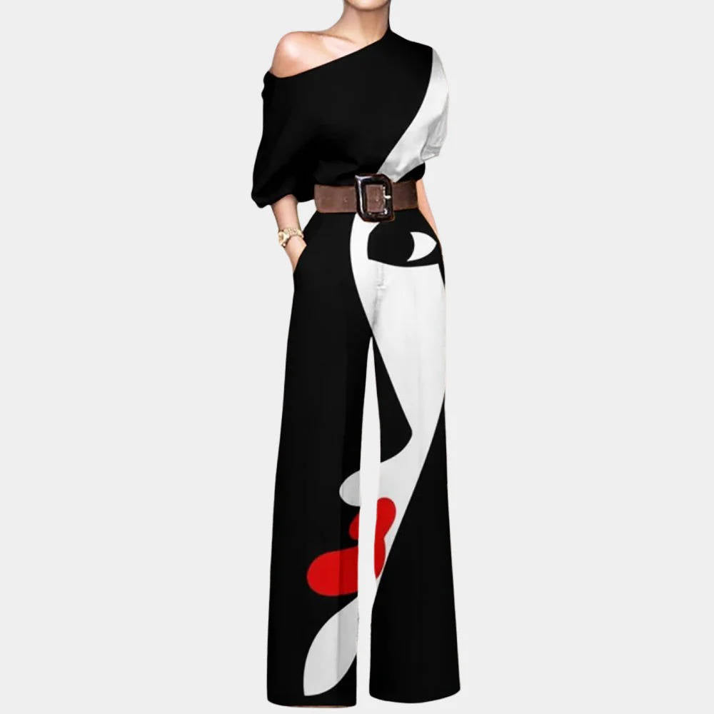 Women's black off-shoulder formal jumpsuit elegant one-piece with comfortable wide-leg fit