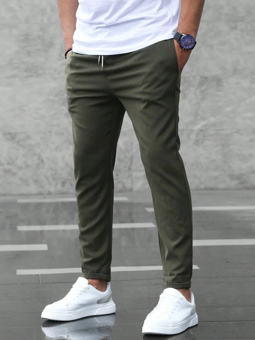 Men's casual stretch pants neutral tone slim fit elastic waistband comfort work weekend style