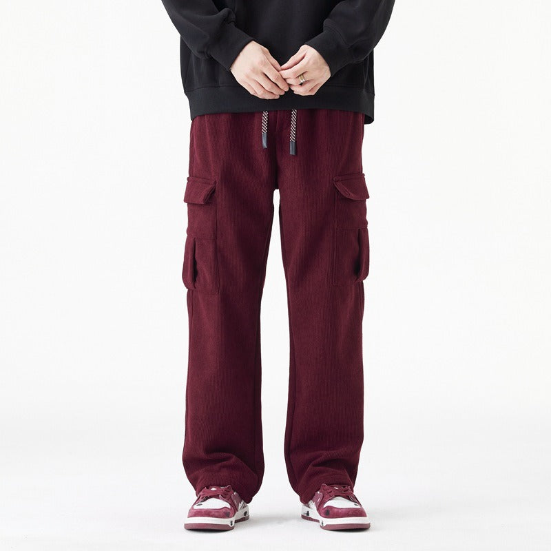 Men's ribbed cargo pants in relaxed wide-leg fit with elastic drawstring waist for everyday comfort