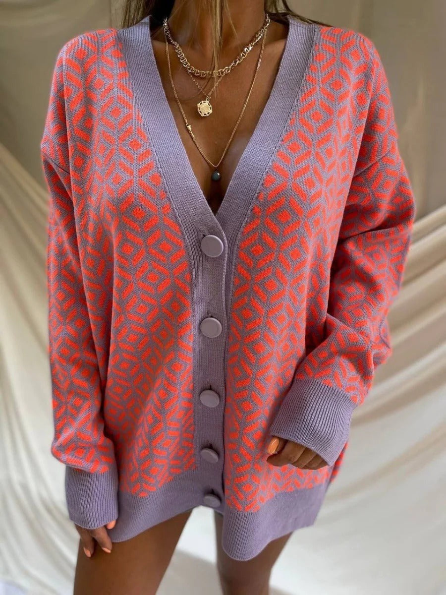 Women's oversized wool blend cardigan, V-neck geometric knit in cozy long silhouette for fall layers