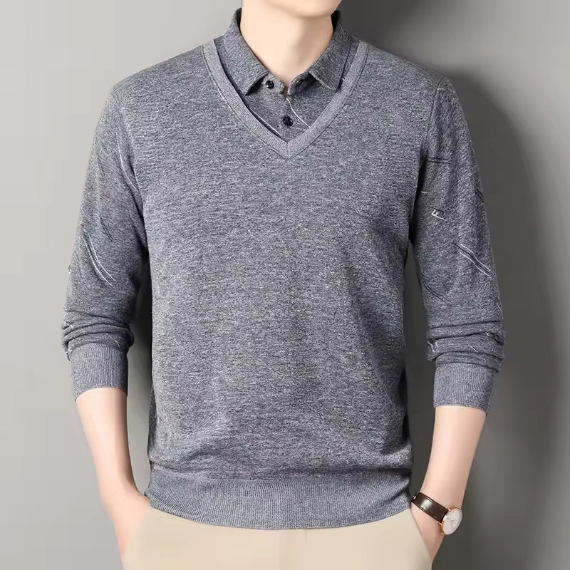 Men's regular fit fleece-lined knit pullover sweater with V-neck polo collar, smart-casual Nordic style