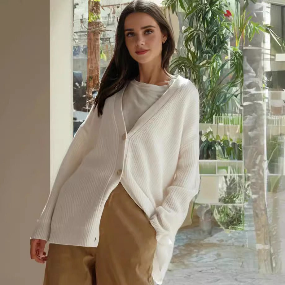 Women's cotton blend ribbed knit longline cardigan V-neck button-front cozy layering essential