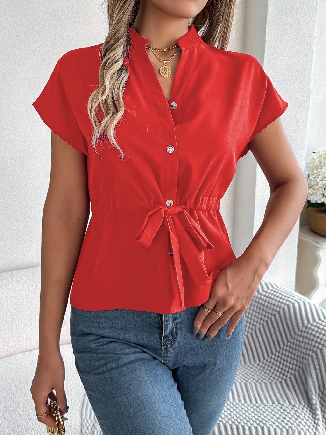 Women's relaxed fit V-neck cotton blend shirt with waist tie and button front, short sleeve