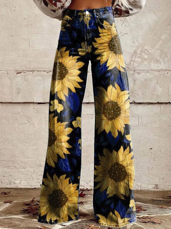 Women's high-waisted floral pants vintage-inspired wide-leg silhouette bold colorful retro print