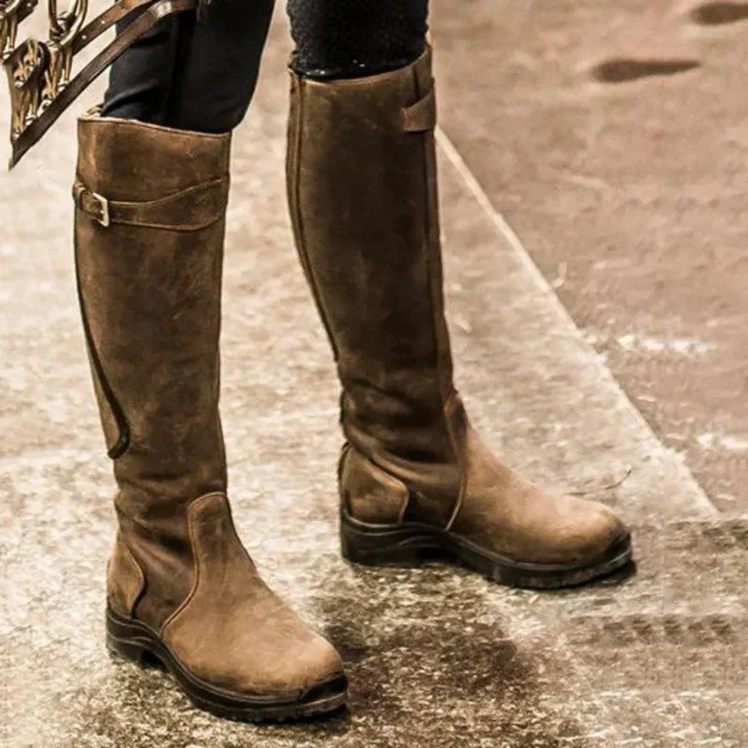 Women's genuine leather equestrian riding boots, waterproof tall shaft, classic brown molded fit