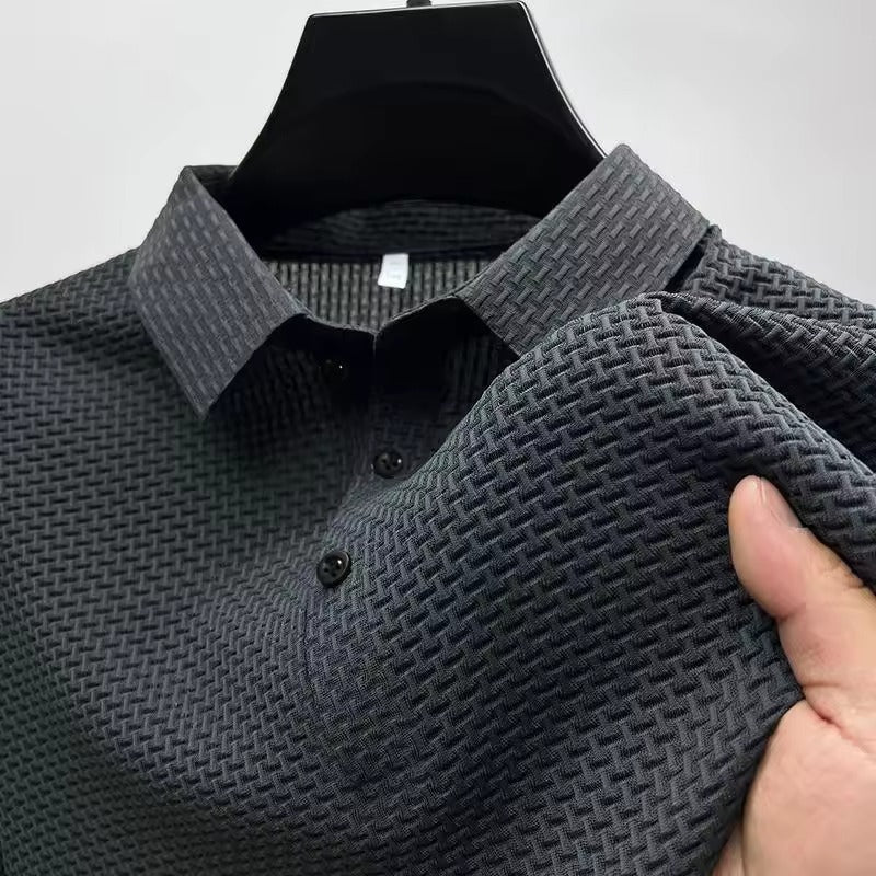 Men's navy blue knitted polo shirt short sleeve stretch breathable everyday casual wear