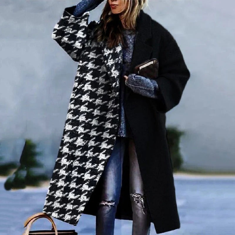 Women's long wool plaid winter coat with front buttons and deep side pockets, ultra-warm work-to-evening style