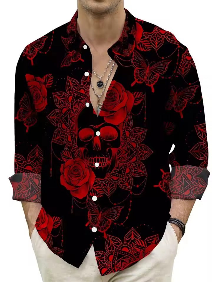 Men's navy casual button-down shirt with white blossom 3D floral pattern, perfect for brunch