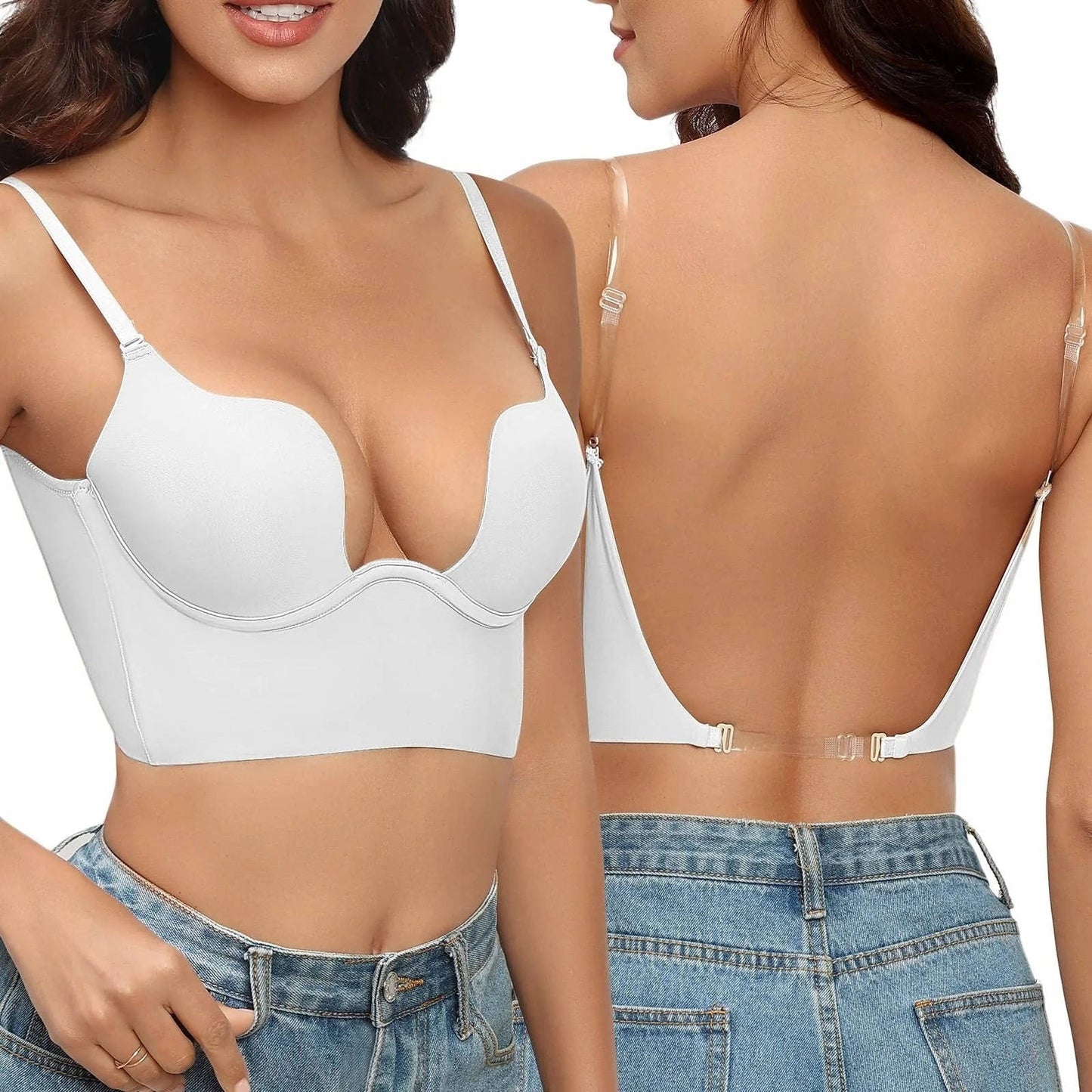 Seamless backless underwire bra with deep U plunge, clear straps, nude support for low-back dresses