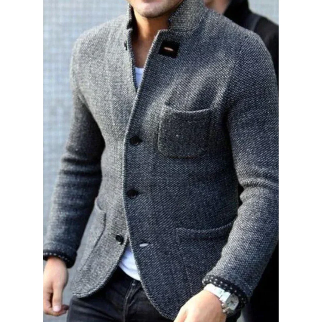 Men's charcoal textured wool blazer tailored fit high collar structured formal style