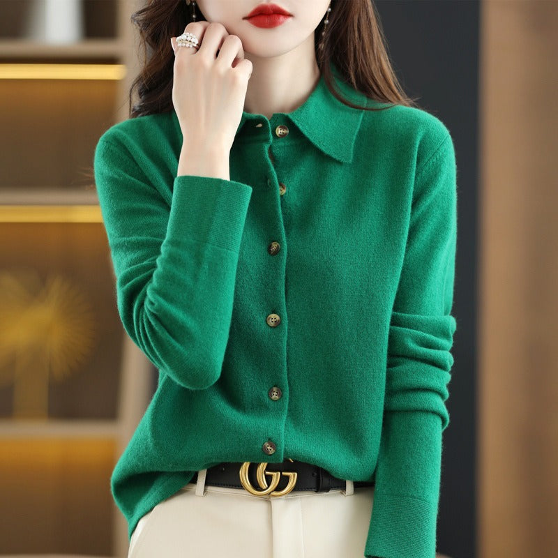 Women's camel wool blend cardigan sweater with polo collar button-down relaxed fit
