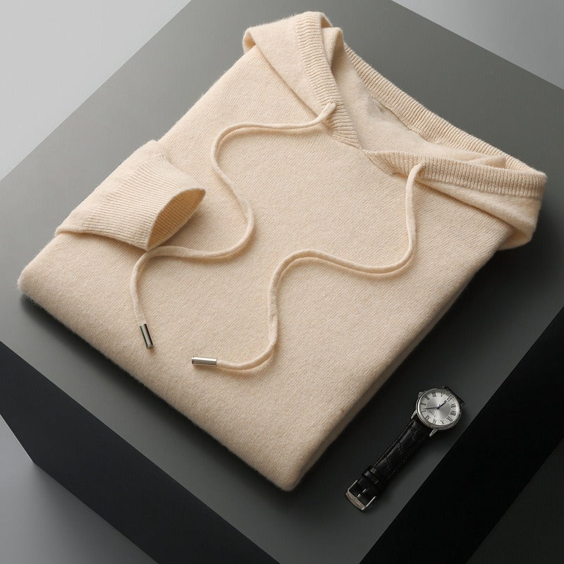 Men's wool knit hoodie relaxed fit with drawstring hood and ribbed trim cozy soft-touch finish