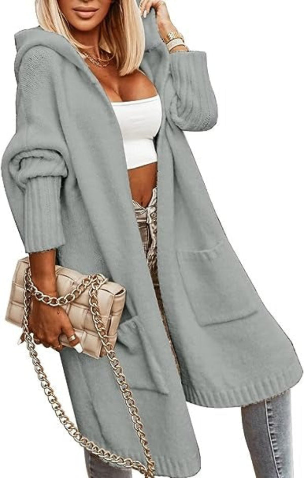 Ivory oversized hooded open-front knit cardigan mid-length cozy layering essential for women