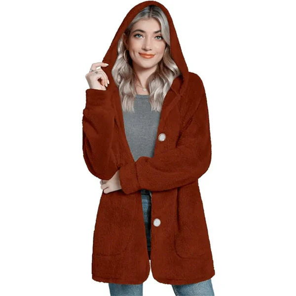 Women's oversized hooded cardigan cozy plush furry knit button front with pockets