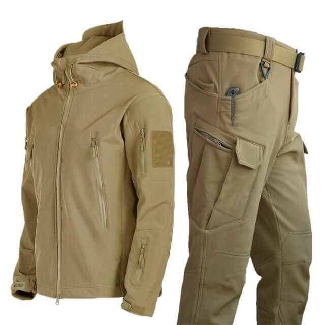 Men's olive technical hooded zip jacket and cargo pants two-piece set with weather-resistant fit