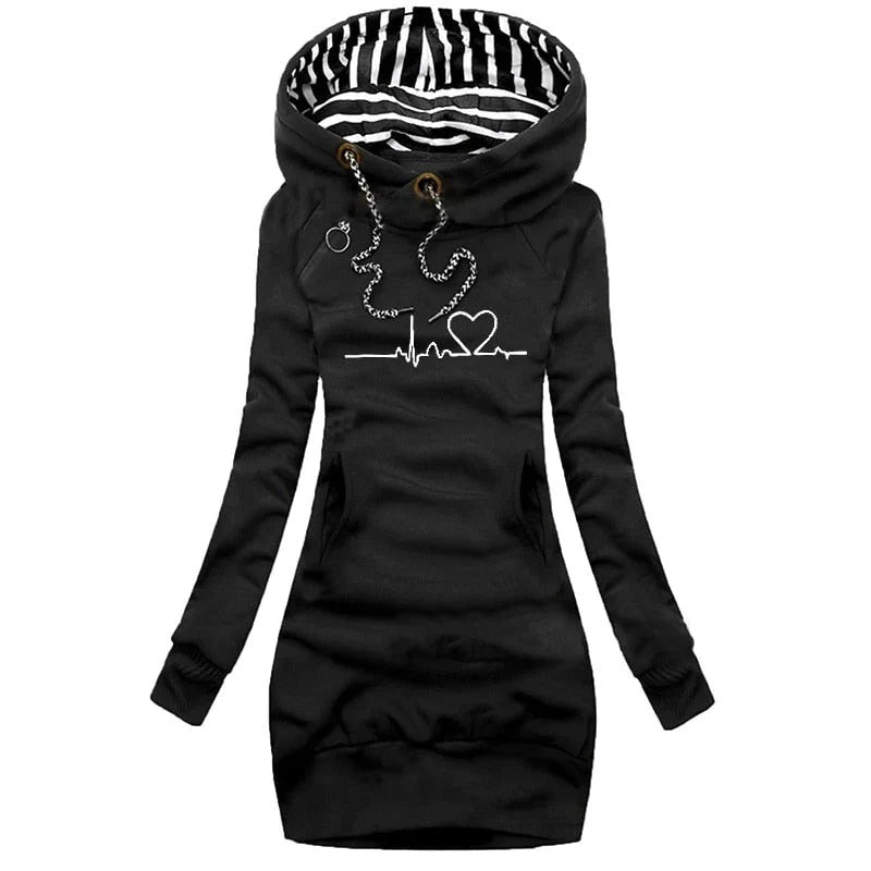 Women's slim-fit hoodie dress in graphic print, long sleeve cotton blend with side pockets