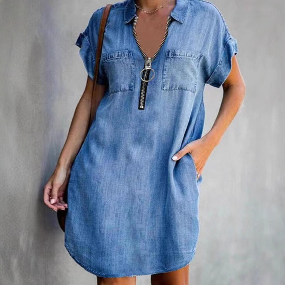 Women’s Denim Dress – Relaxed Fit – Short Sleeve – Zipper Front – Util