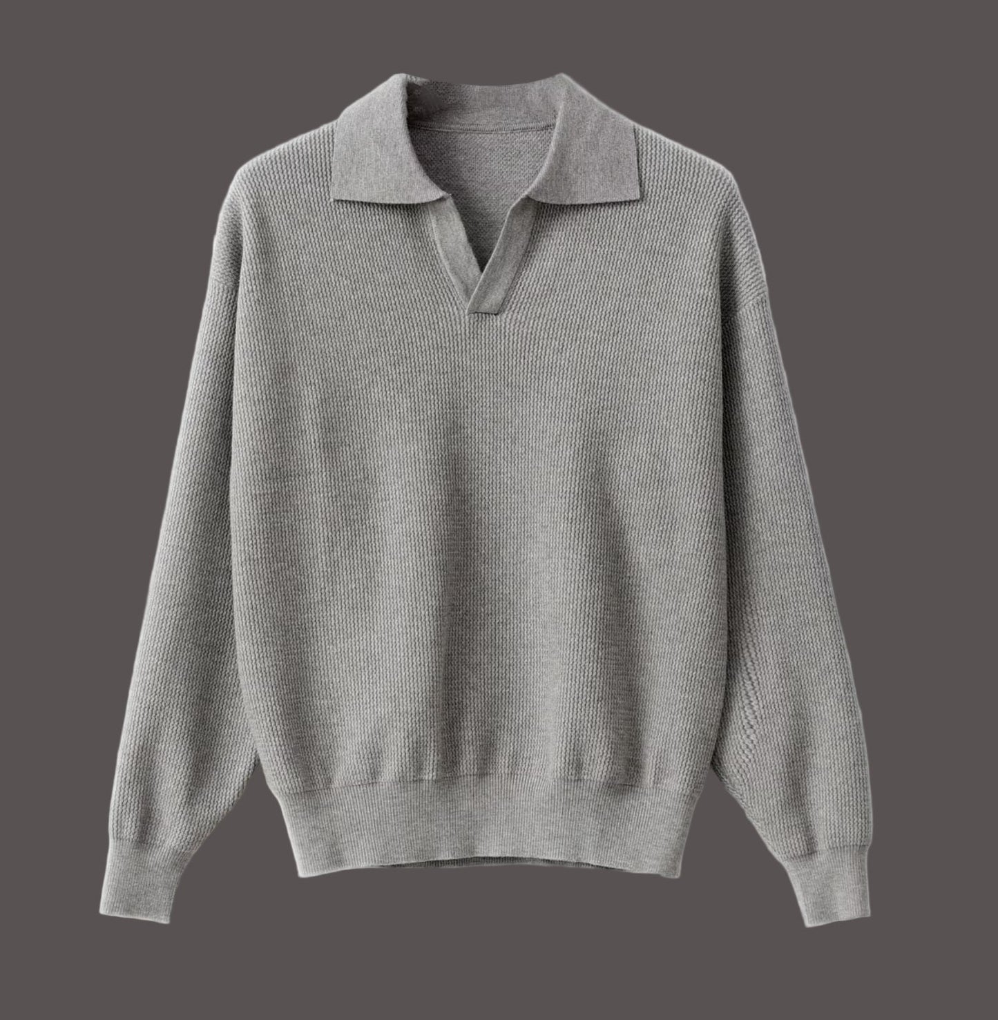 Men's navy knit sweater spread polo collar relaxed fit ribbed cuffs long sleeves fall casual style