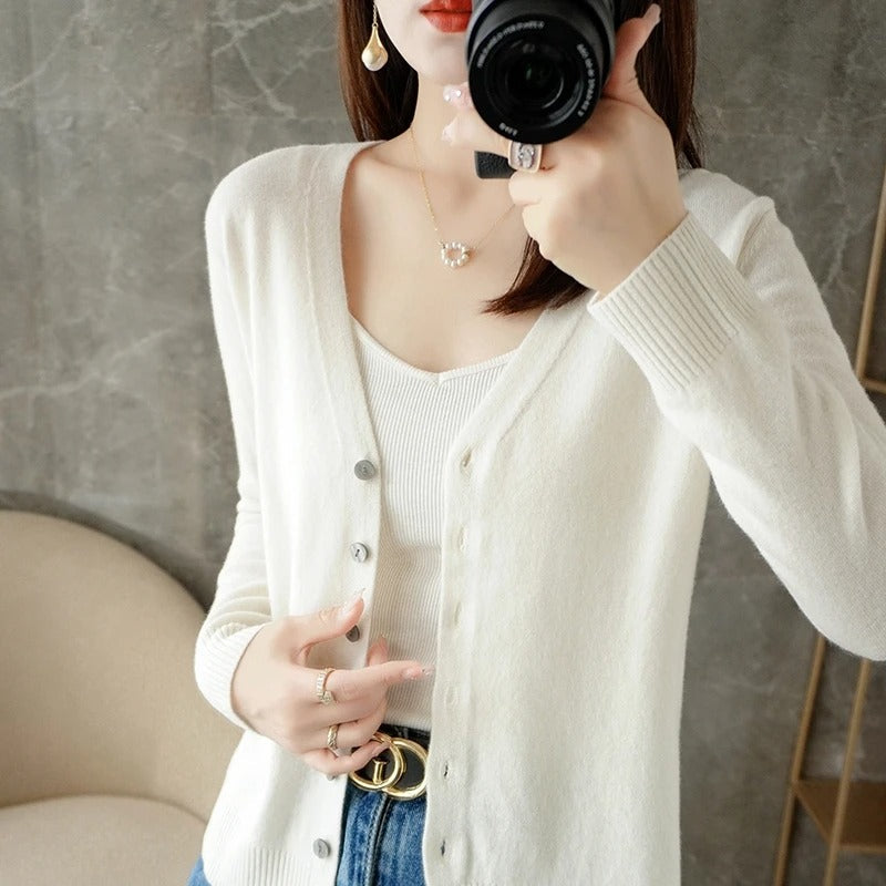 Women's wool blend cardigan relaxed fit V-neck button front with ribbed trim cozy layering style