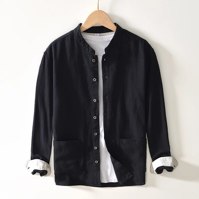 Haku relaxed-fit mandarin collar shirt in textured fabric with contrast-lined cuffs