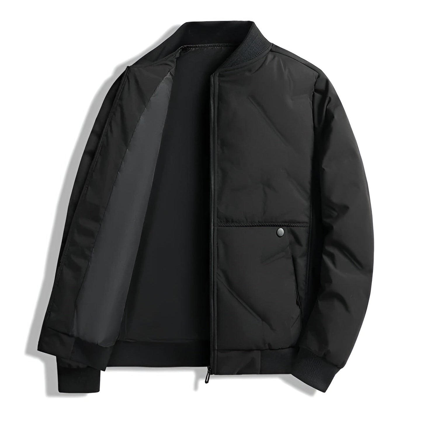 Matte black urban shell jacket with ribbed collar, light insulation, and snap-button pockets
