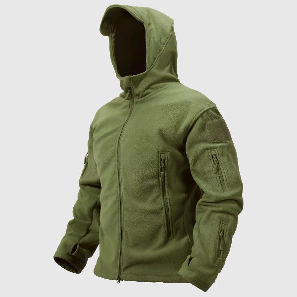 Men's thermal fleece hooded jacket structured fit with zipper pockets, insulated winter coat