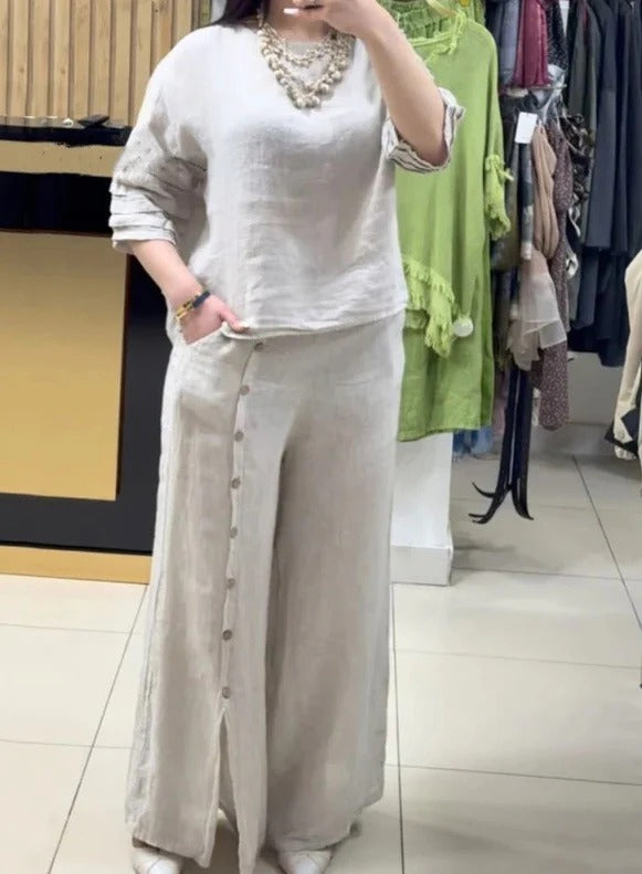 Women's beige linen two-piece set relaxed top wide-leg pants with button detail