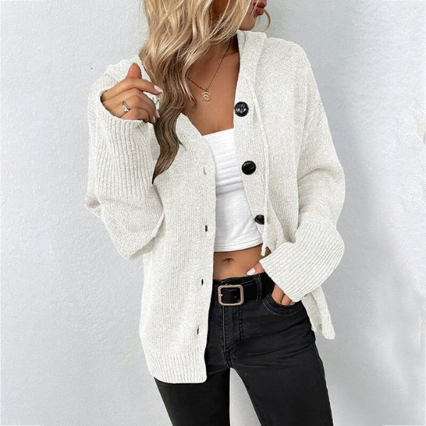 Women's hooded knit cardigan relaxed fit wool blend casual layering cozy fall winter style