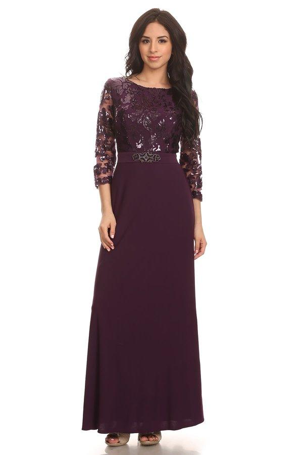 Long black sequin mother of the bride gown with 3/4 sleeves and full-length ITY skirt
