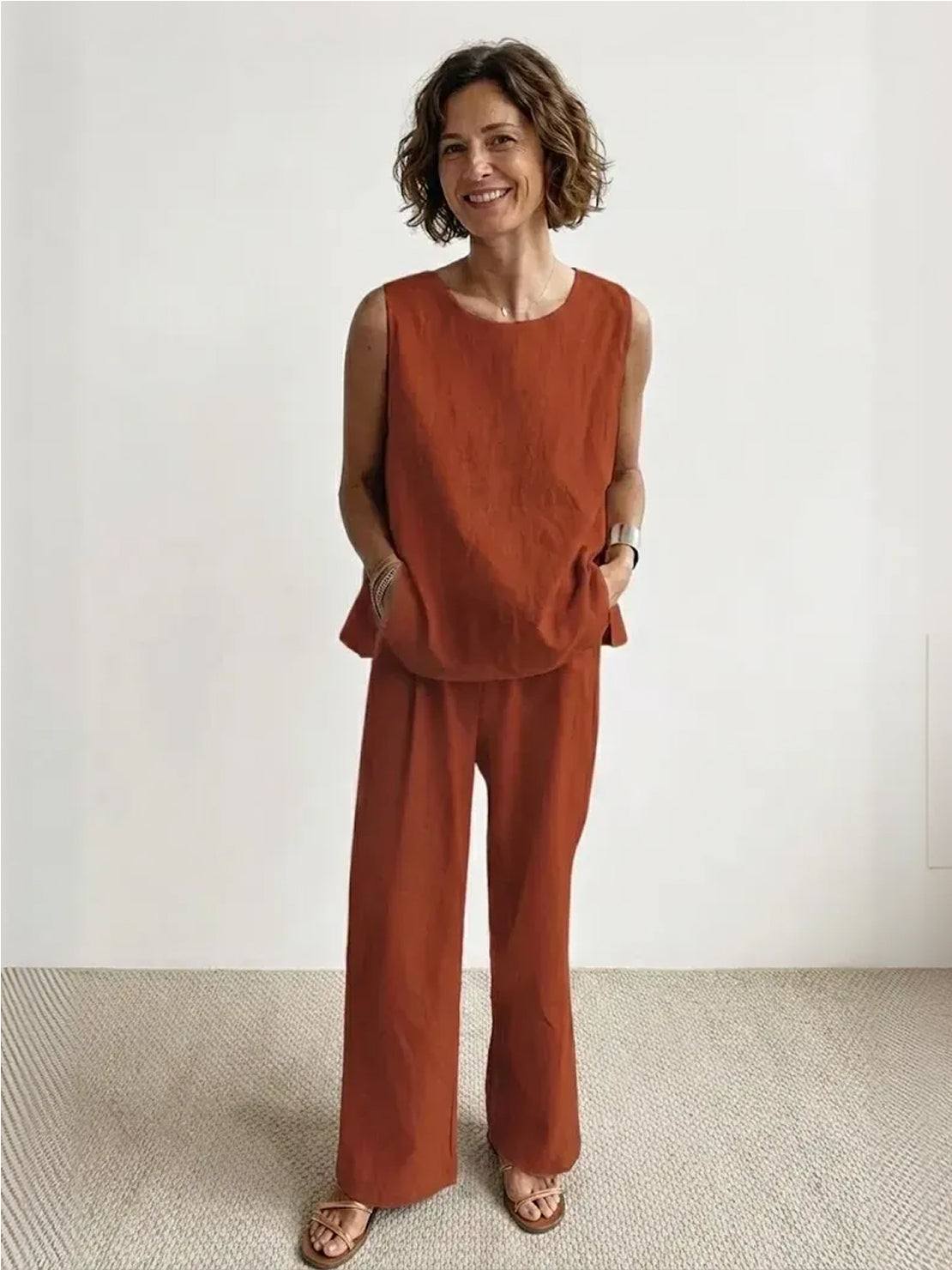 Olive green women's sleeveless tank and wide-leg pants matching set, relaxed tonal coordinates