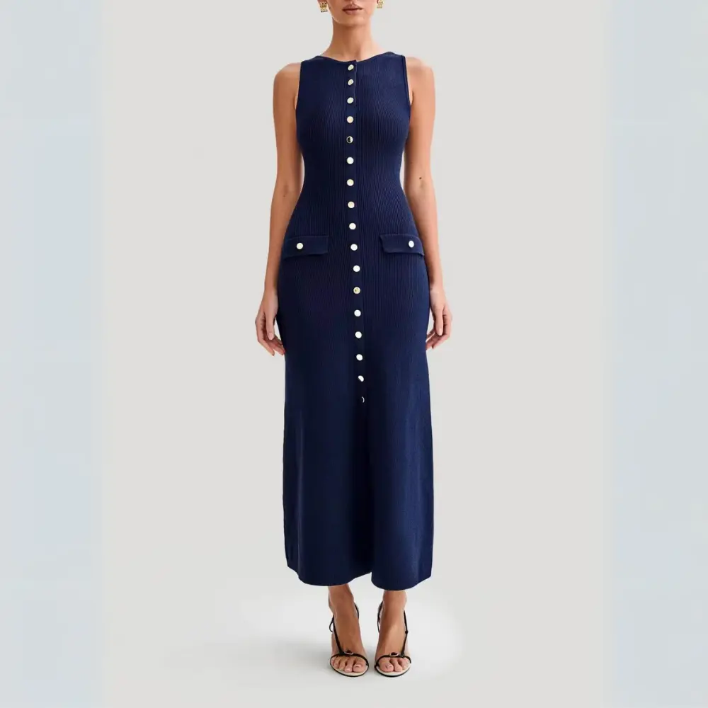 Lou button-front knit maxi dress sleeveless silhouette breathable summer knit polished drape