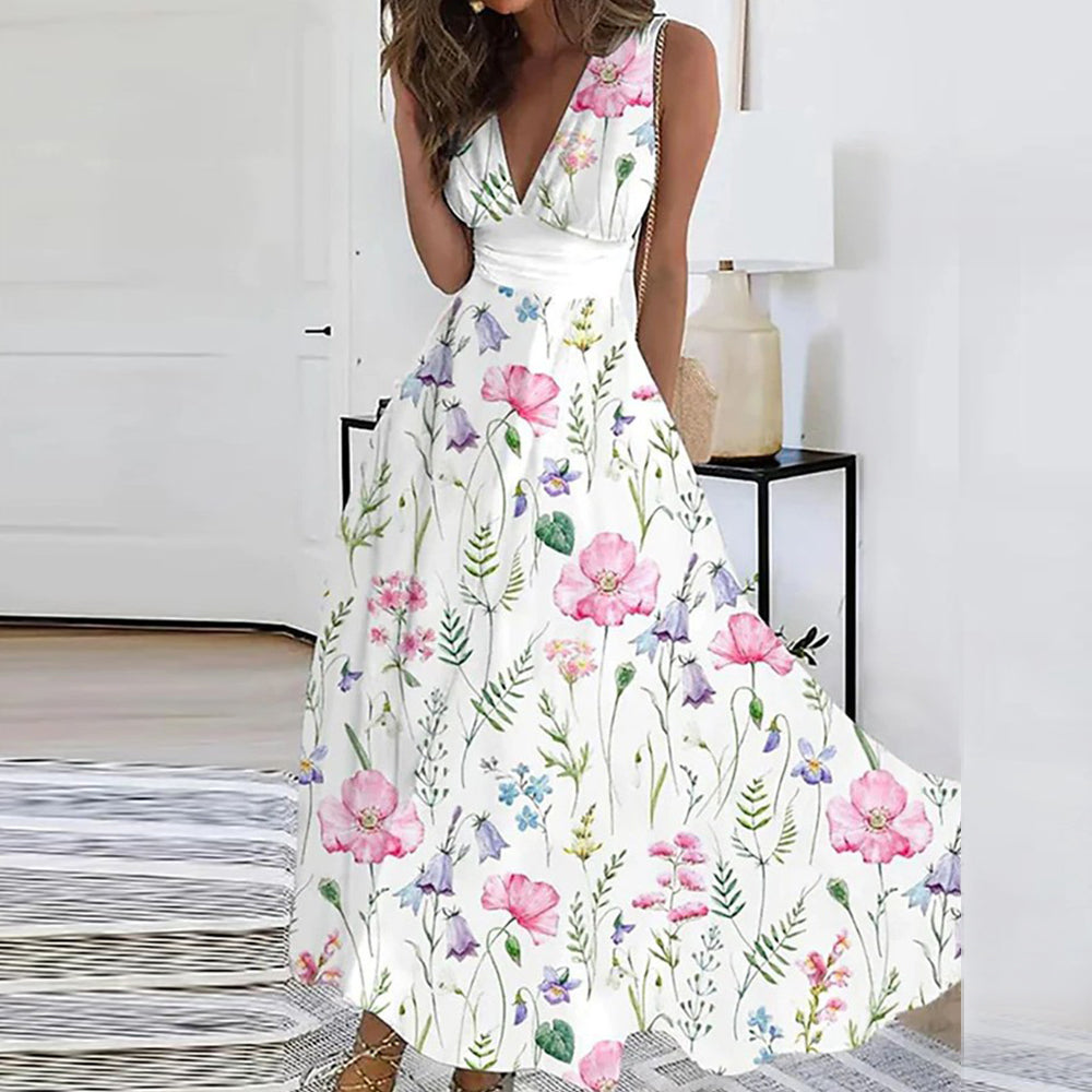 Women's sleeveless V-neck maxi dress in floral print, lightweight elegant fit for summer