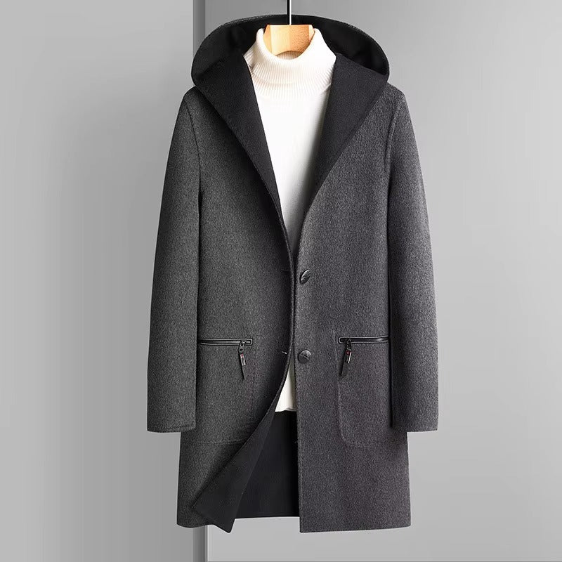 Men's reversible wool blend hooded trench coat versatile two-tone winter outerwear